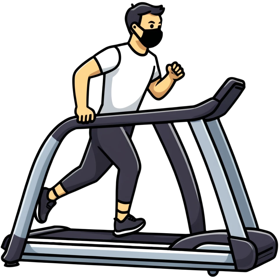 Person on treadmill with mask measuring oxygen consumption, fitness test with data visualization emoji