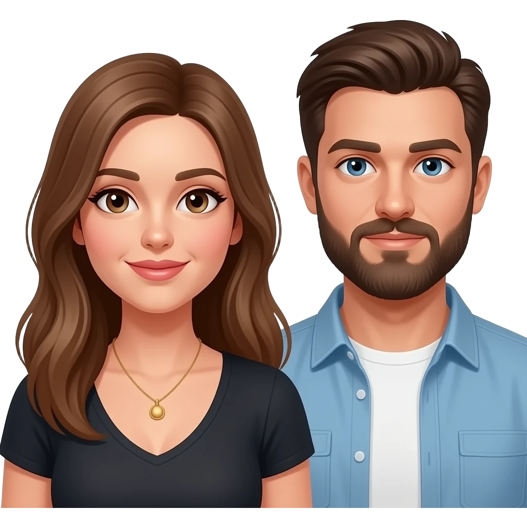 Une femme grande et chatain clair, un homme brun et barbu, un homme un peu plus petit blond emoji