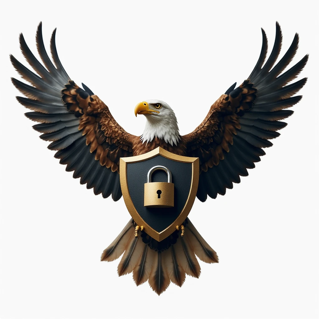 realistic flying eagle carrying shield emblazoned with padlock, representing Pinsafe security agency, conveying strength vigilance digital security, clean professional finish emoji