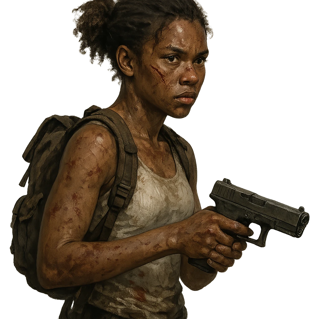 African American masculine girl, zombie apocalypse style, scar on her face, white tank top, wearing a backpack, holding a gun emoji