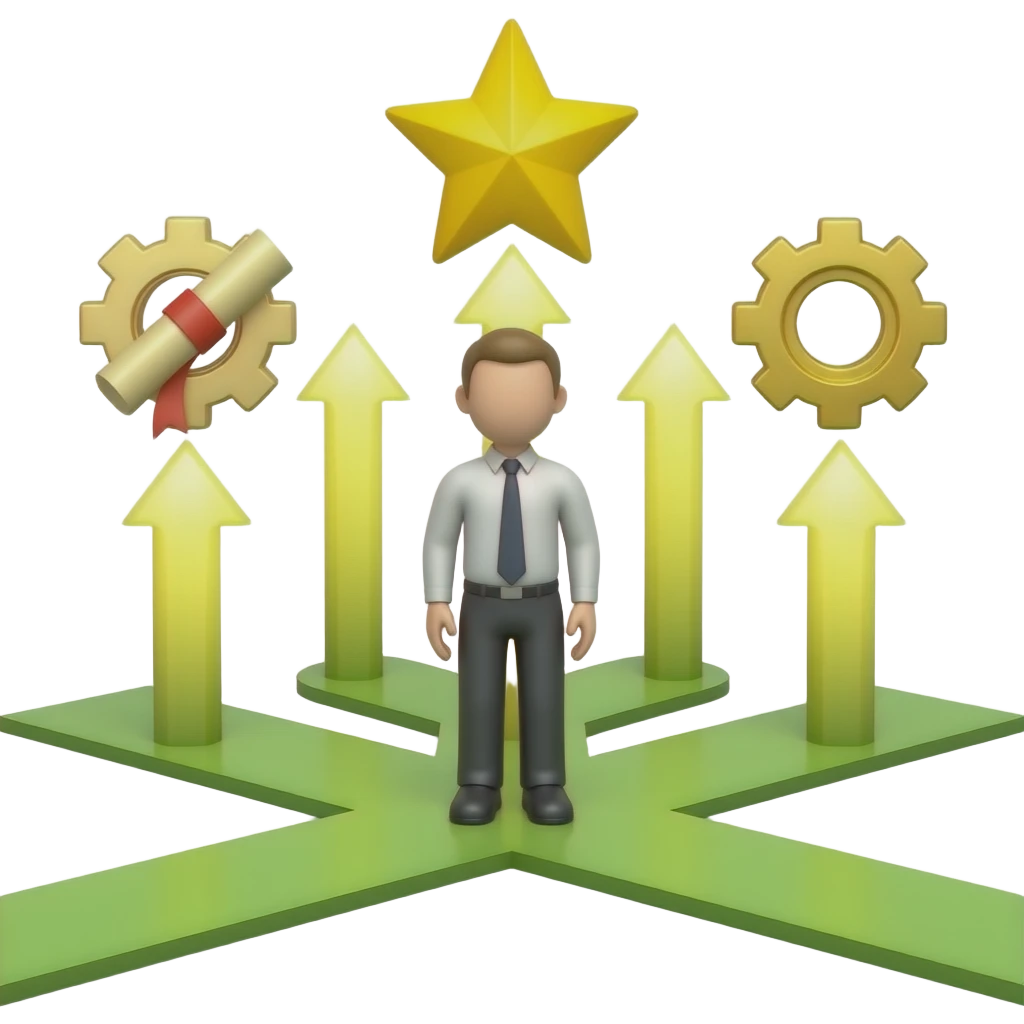3D icon, employee development paths. A central figure standing at a crossroads. Multiple glowing branching paths leading upward to different symbols: a star, a gear, a diploma. Forking roads like a tree diagram..Clean white background. Minimalist, corporate style emoji