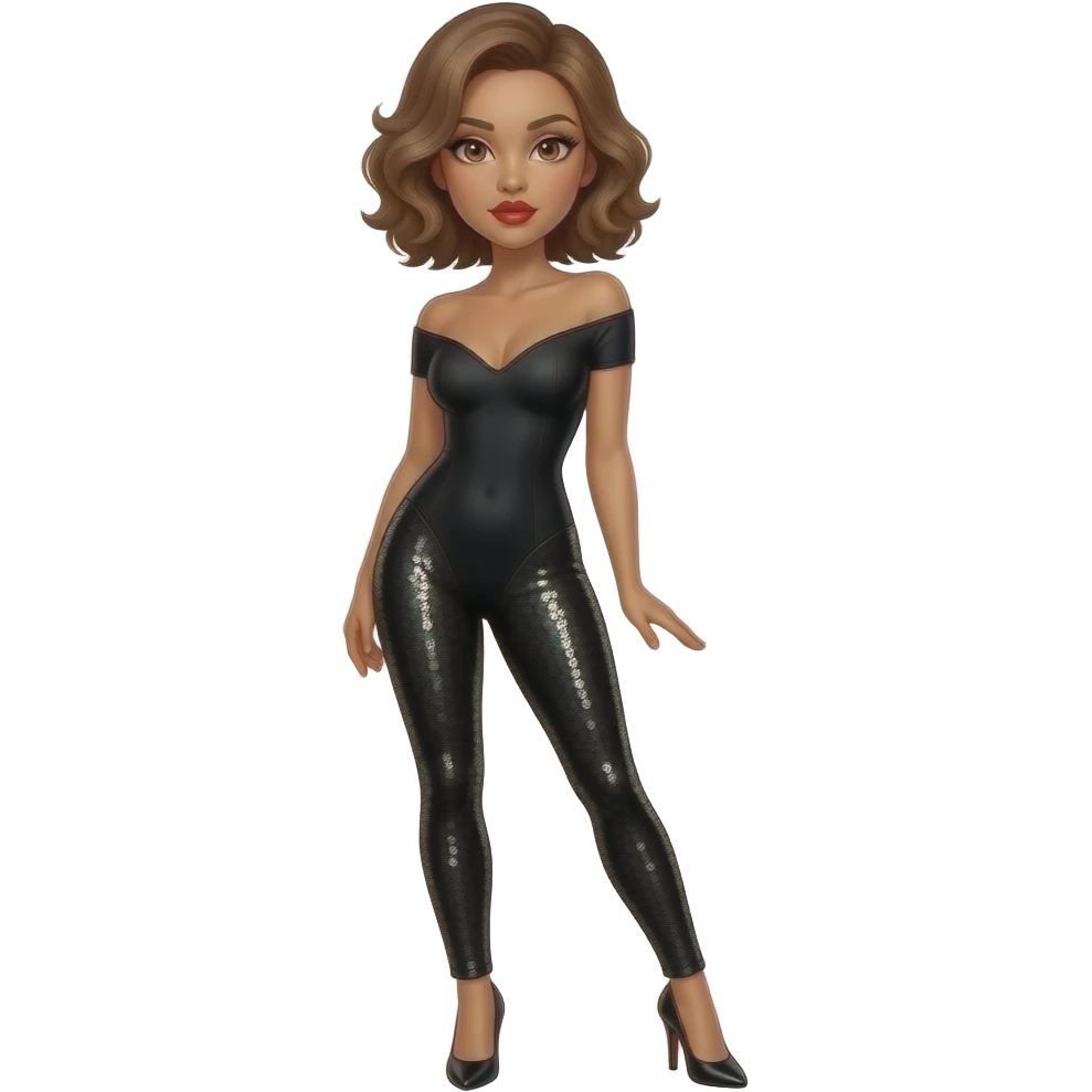 glamours,-woman-shrugging-tanned,-very-beautiful-girl,-with-big-plump-red-lips,-long-long-lashes,-honey-silky-very short- hair,-wavy-hair,-hazel-eyes- wearing-black-bodysuit-and-black-sequinned-pants-black-stilettos-shrugging-full-body emoji
