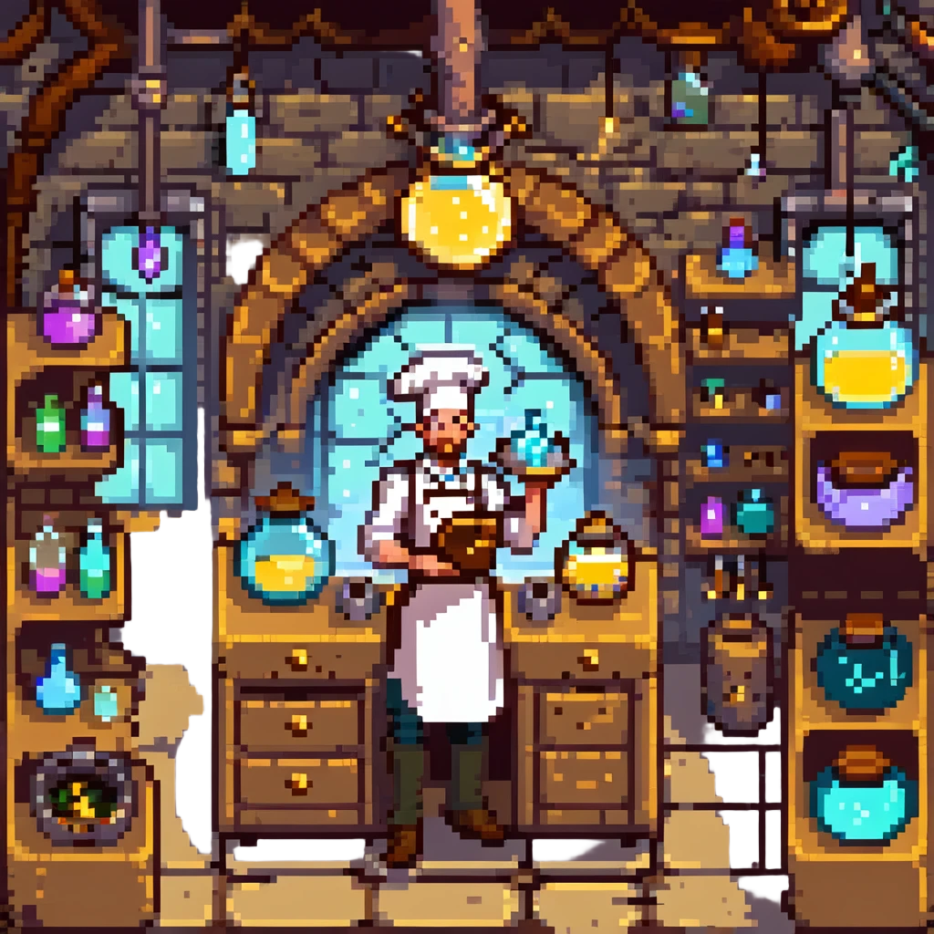 A mystical baker surrounded by bubbling glass flasks, enchanted ingredients, and a brass-trimmed oven. The workspace feels like a magical lab with parchment scrolls, glowing powders, and steampunk-style machinery. UI elements resemble aged parchment, crystal knobs, and smoky overlays. emoji