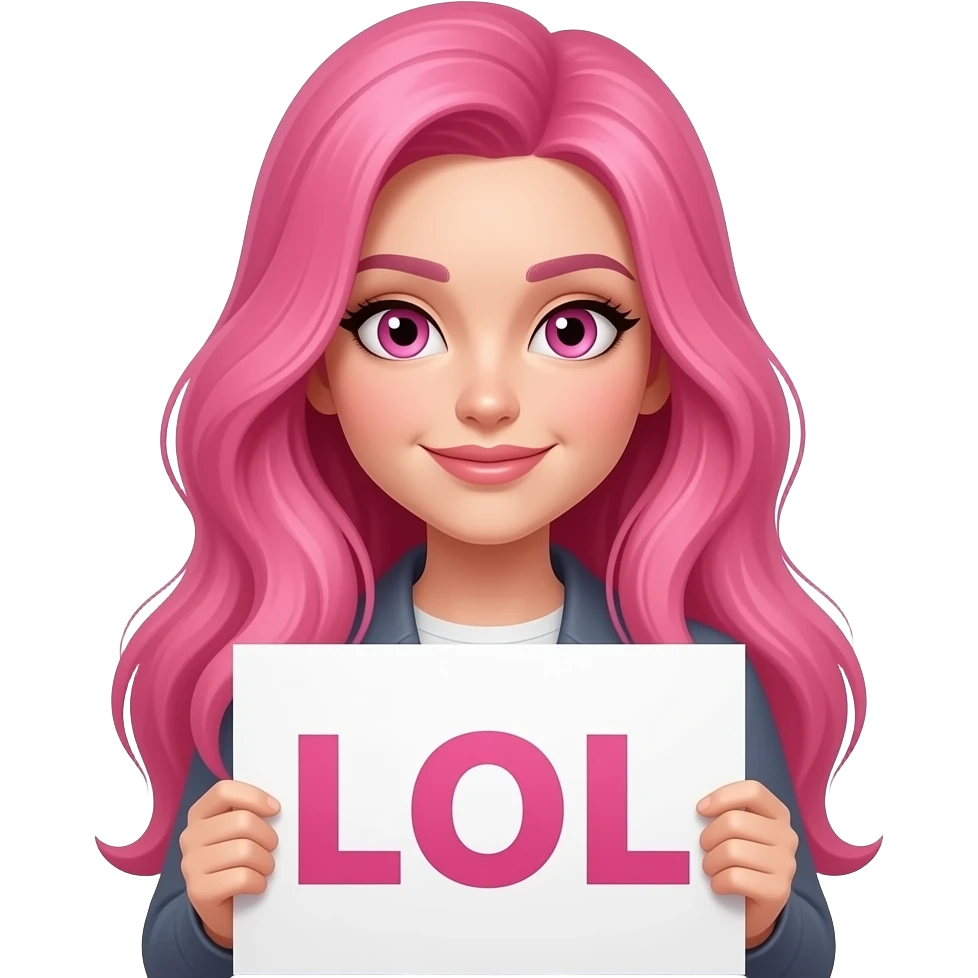 sexy girl with long pink hair and pink eyes holding L O L sign emoji
