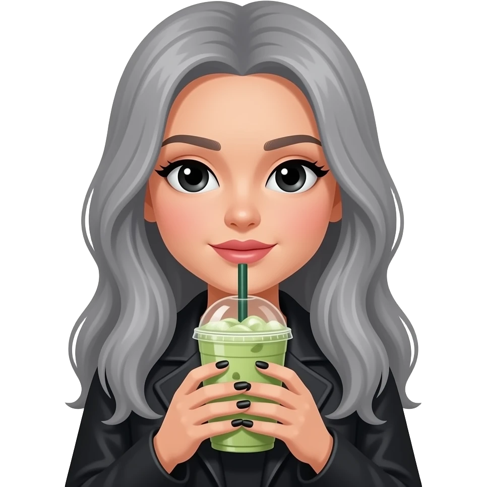 lady with black eyes and grey really long hair black nails and holding an iced matcha emoji