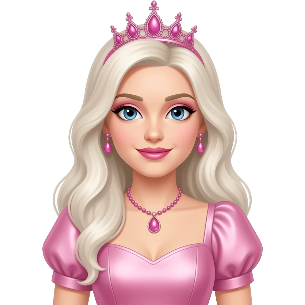 The Good Witch from The Wonderful Wizard of Oz with blue eyes, long platinum blonde hair, pink eyeshadow, pink lipstick, light pink metallic sweetheart sleeve dress, pink crown, pink necklace and earrings emoji