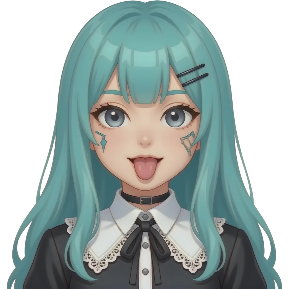 anime girl, silly face, tongue out, face tattoos, long flowing teal hair, grey eyes, black shoulder cyberpunk blouse with fancy white collar emoji