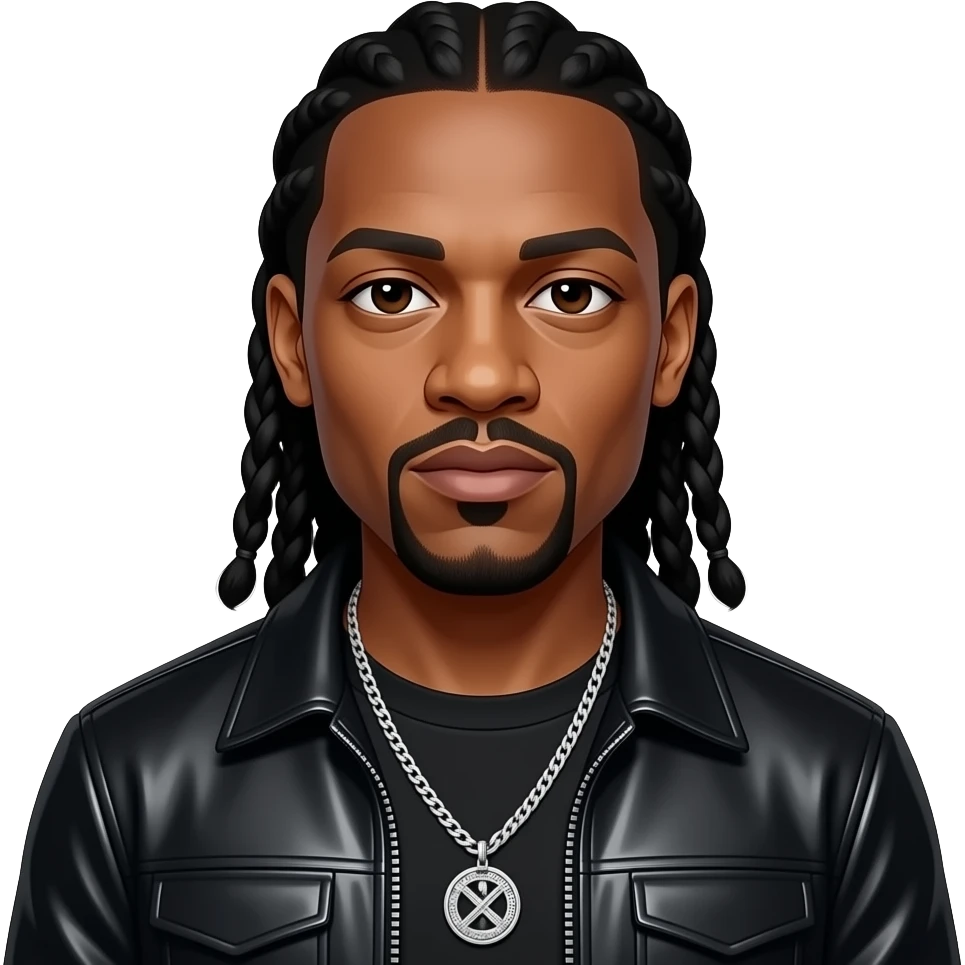 Dr Dre with dark brown eyes, long black hair, black metallic hip-hop outfit, necklace emoji