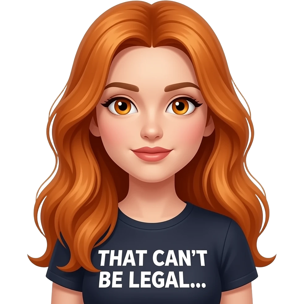 sexy girl with overlong ginger hair and ginger eyes a top with THAT CAN'T BE LEGAL... written on it emoji