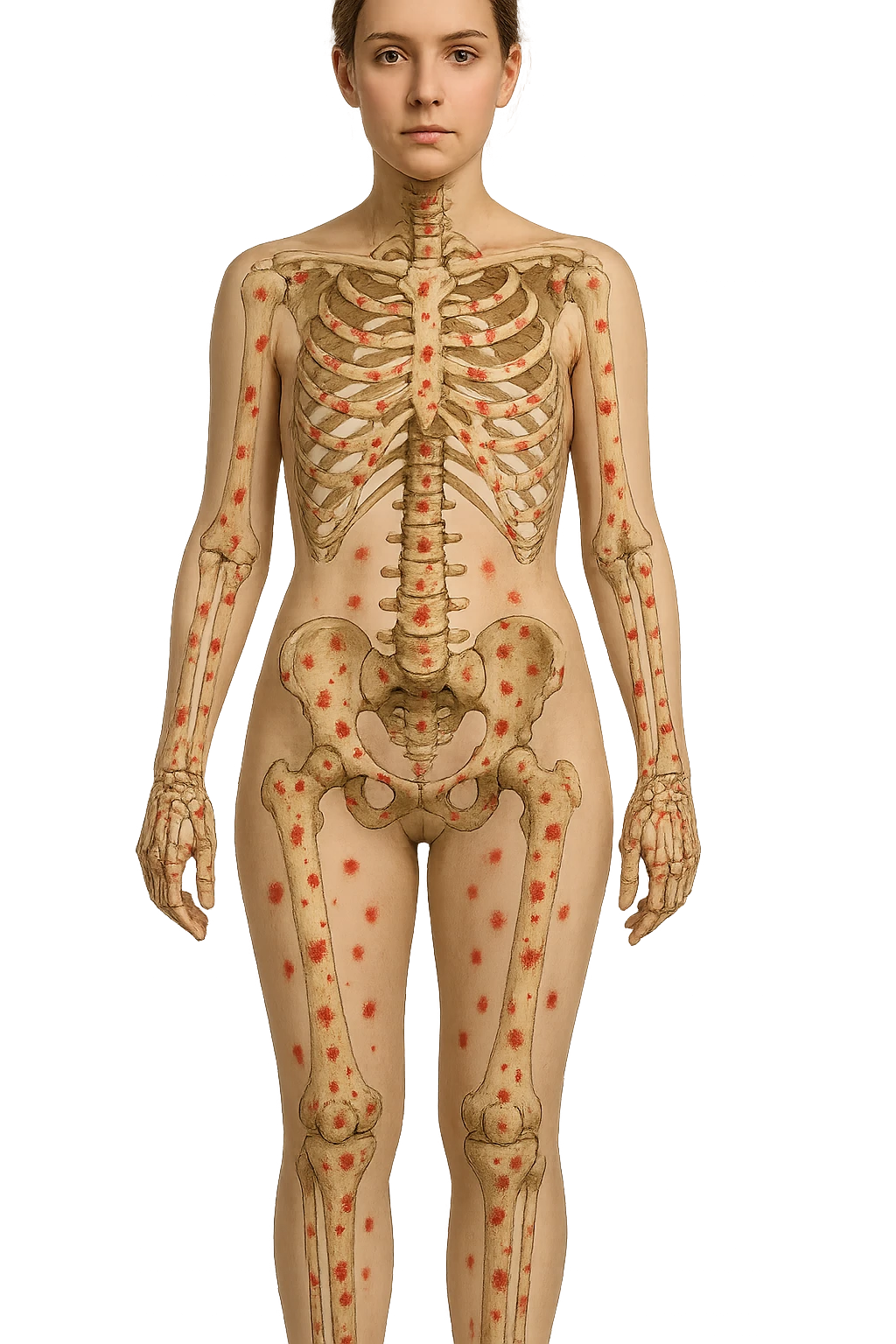 donna realistica a figura intera con red spot sparsi alle ossa, ossa del corpo visibili sul corpo, non sul volto iperrealistico 4k emoji