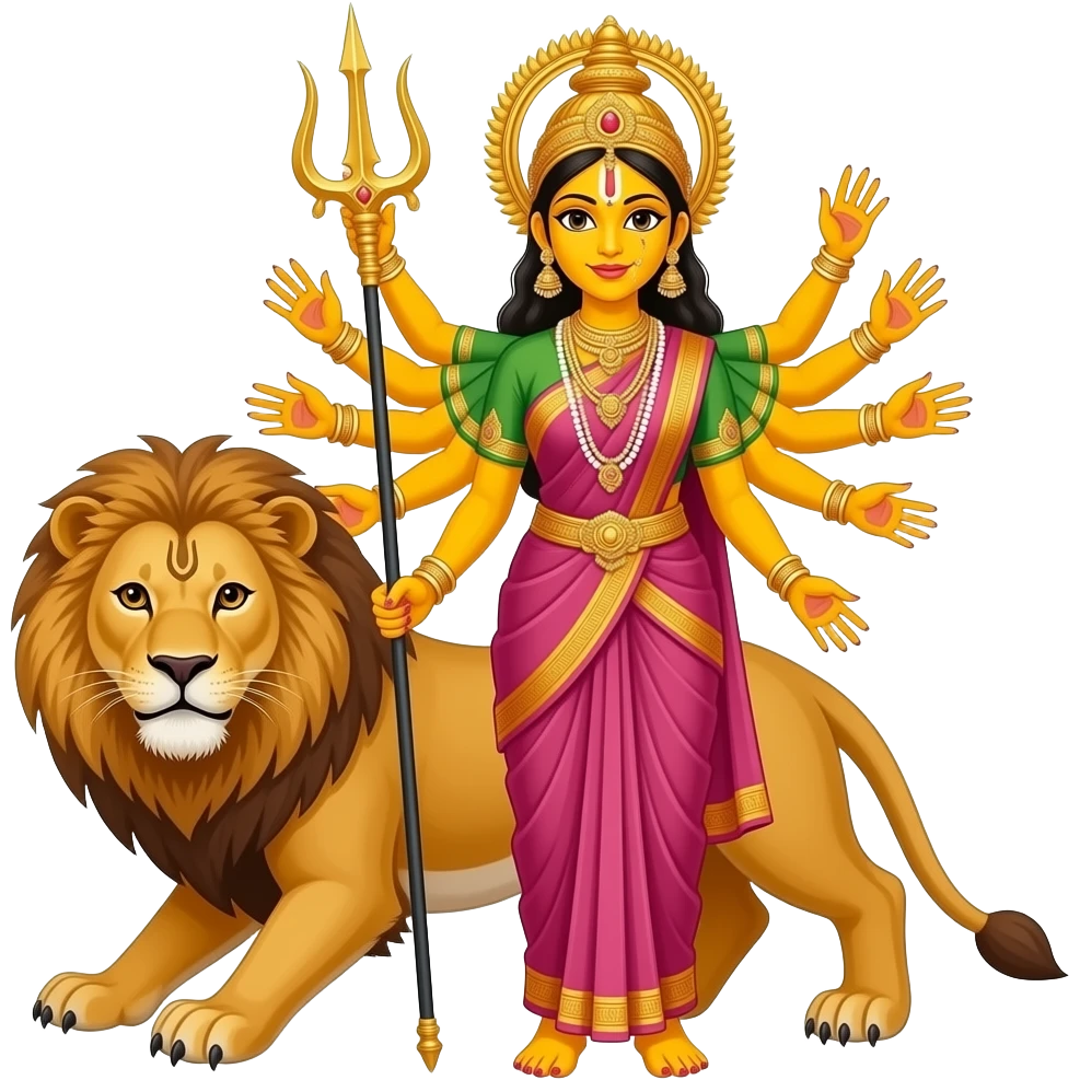 A bengali yellow skinned bride with exactly ten empty hands standing beside a lion with ALL hands in front and her very front arms should hold a mighty trident emoji