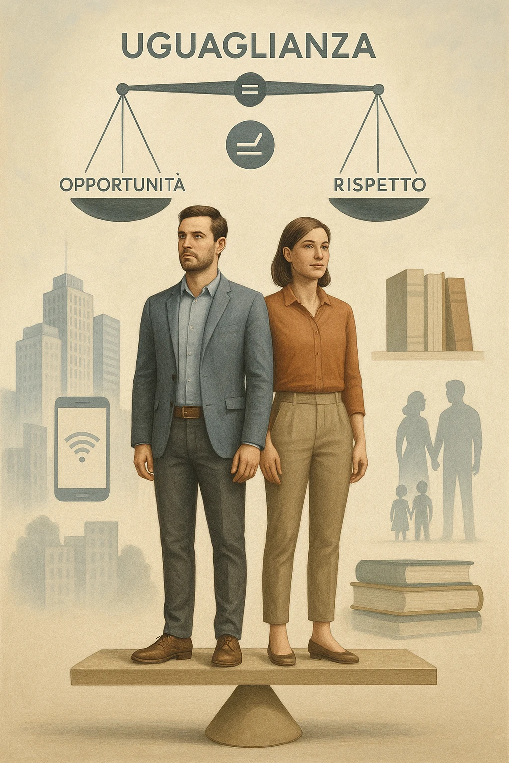 Un uomo e una donna, entrambi tra i 30 e i 40 anni, in piedi fianco a fianco su un piedistallo unico che rappresenta l’equilibrio. Indossano abiti moderni da lavoro o casual, con sguardi determinati e sereni. Sullo sfondo, simboli di società moderna: grattacieli, tecnologia, libri, famiglia. Sopra di loro, una bilancia perfettamente equilibrata con i simboli 'uguaglianza', 'opportunità', 'rispetto'. La scena è armoniosa, luminosa, con colori neutri e un tono positivo. Stile realistico con accenti simbolici in italiano emoji