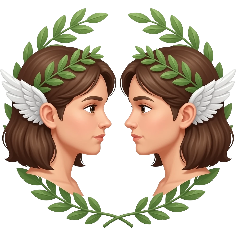 twins, two faces in profile in a parallel composition, they have small wings instead of ears and a laurel wreath around their heads emoji