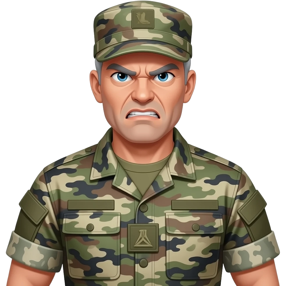 white sergeant character with gray hair. Wearing an urban camouflage uniform and hat, army shirt. The character should have an angry intense expression. full torso and arms emoji