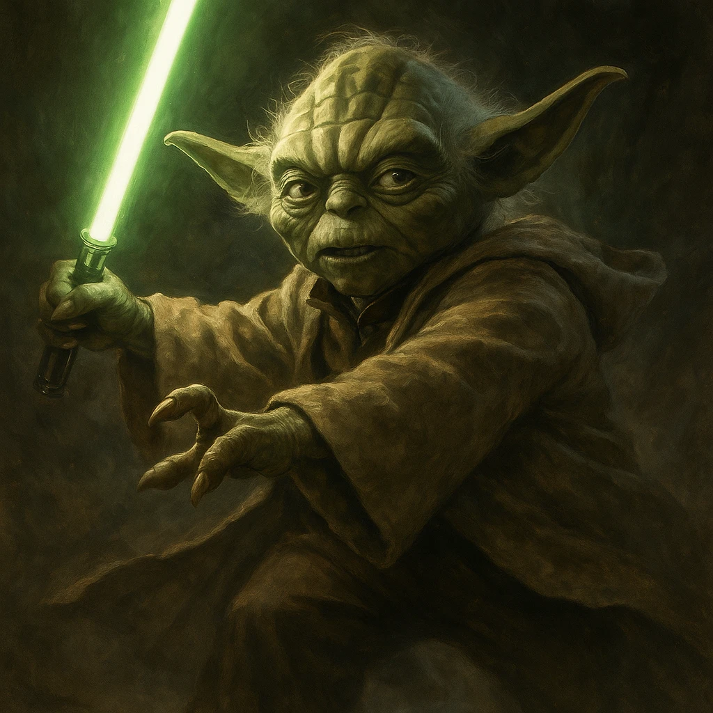 Master Yoda from Revenge of the Sith, dynamic pose, holding a green lightsaber, dramatic lighting, cinematic style, detailed illustration emoji