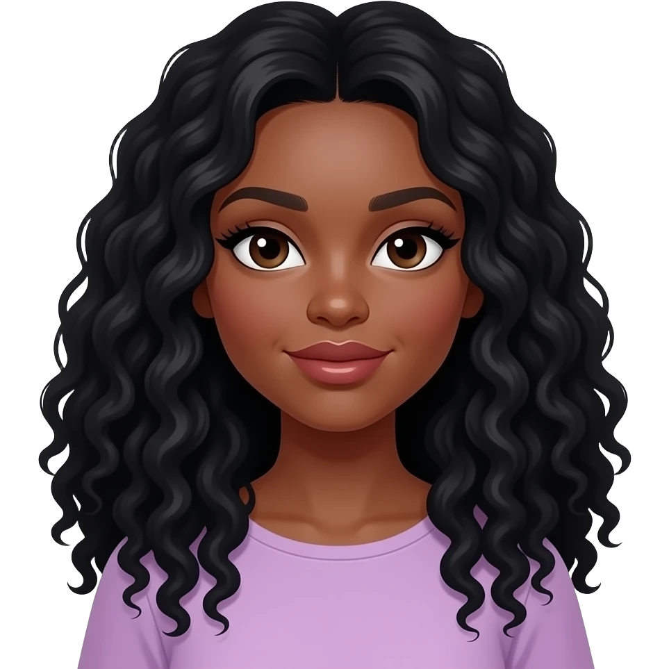black girl, very beautiful woman, with big plump lips, long long lashes, black curly very very very long long long hair, brown eyes,  light purple top emoji