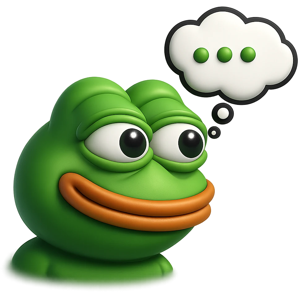 make a pepe in bright green smiling with thought bubble looking at right side in 3d style, good highlights and shadows, drop shadows emoji