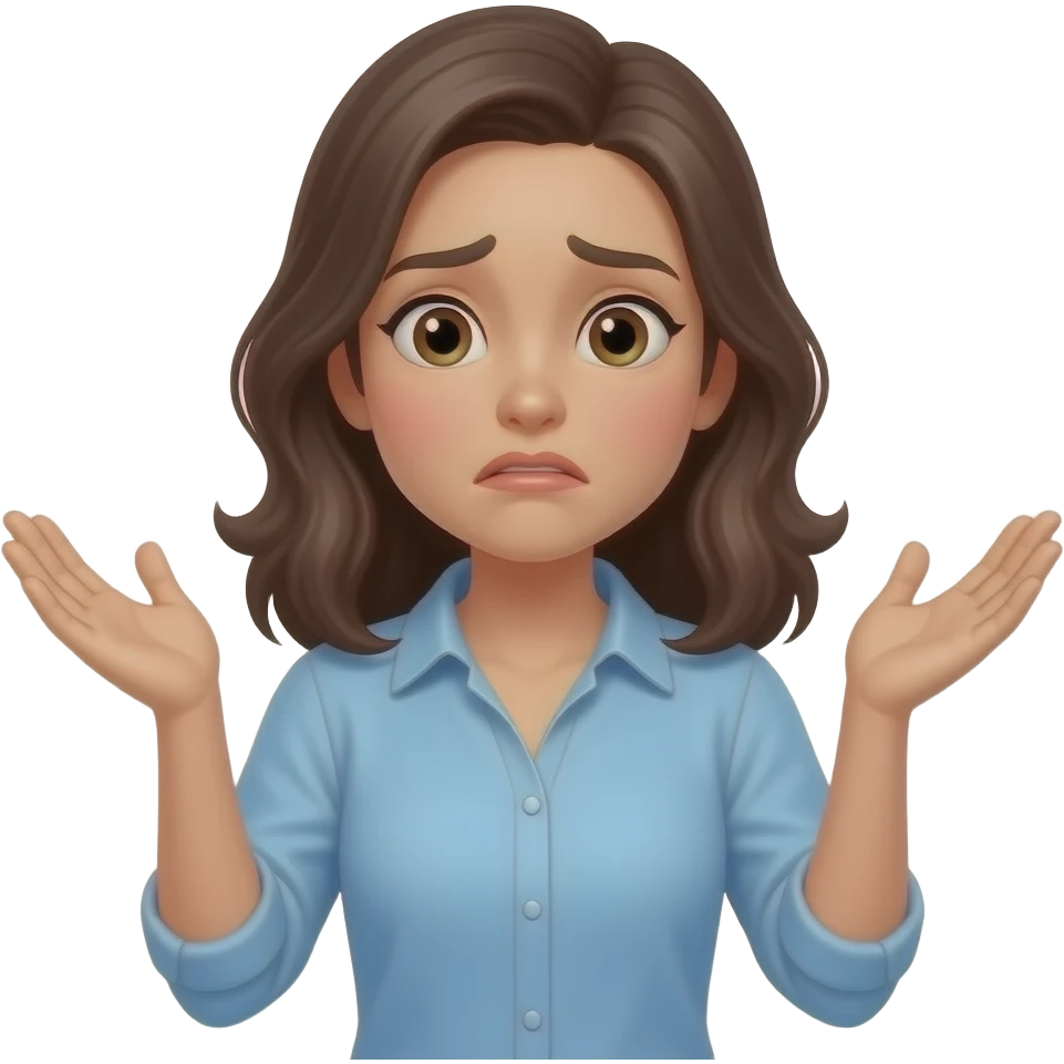 Женщина и не понимает, разводит руками, ладони вверх, не знает emoji