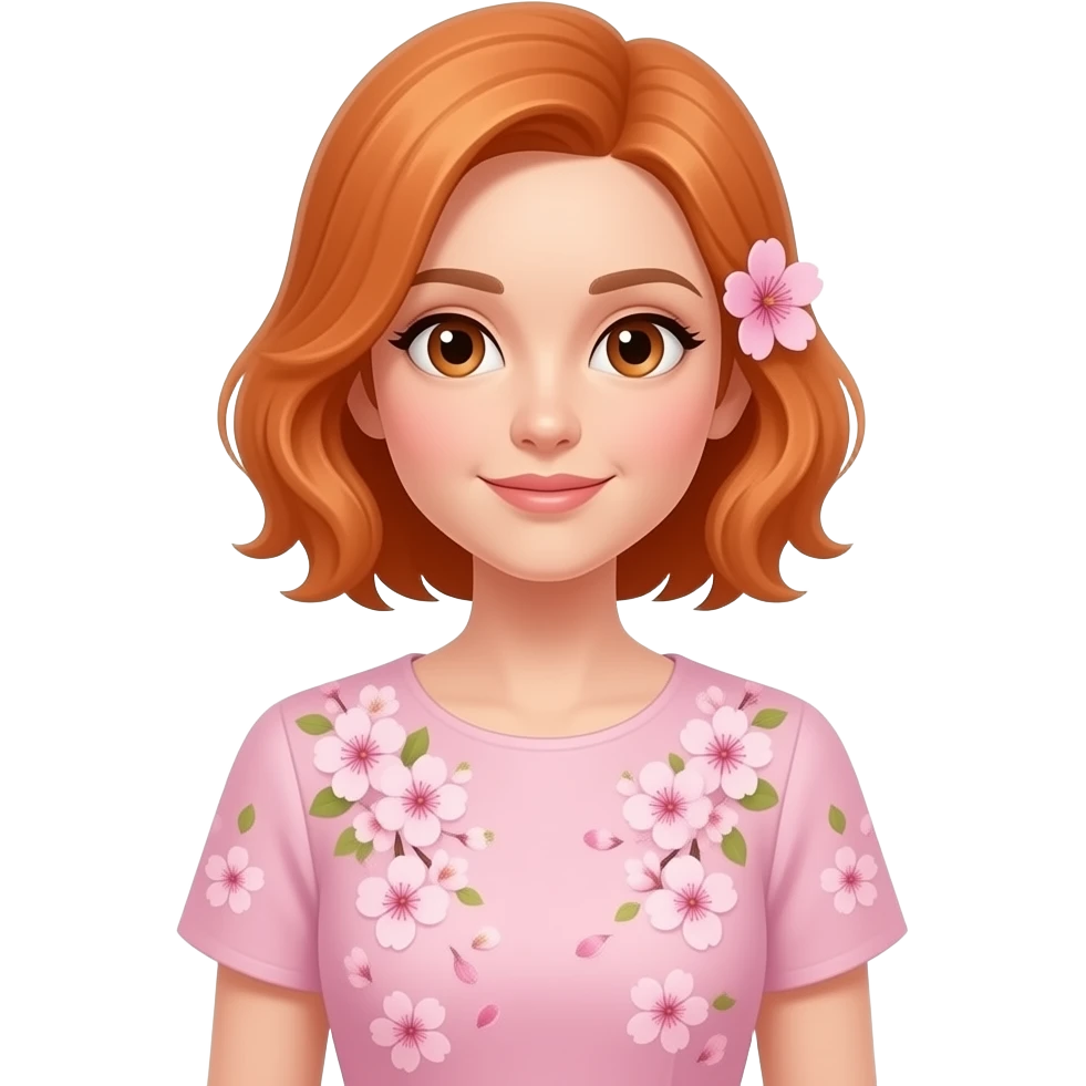 una señora de 38 años con un bestido de color rosado claro y que tenga sakuras en su bestido y una en su oreja5 y que tenga pelo amaranjado y que mire sin una sonrisa y que tenga ojos del tiempo y que se vea toooooodoo su cuerpo asta los pies emoji