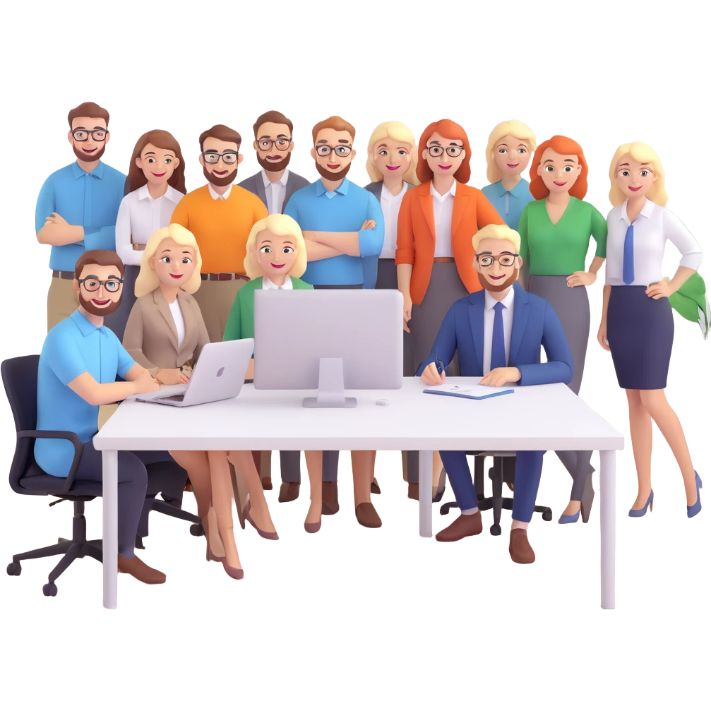 Three happy white male designers and six happy white female designers, all working together in a modern office environment emoji