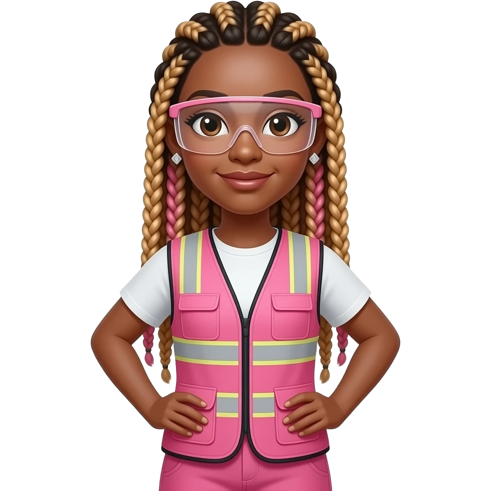 African American women with brown eyes with long pink and gold box braids wearing diamond earrings wearing pink and clear safety glasses wearing a pink construction vest wearing pink pants emoji