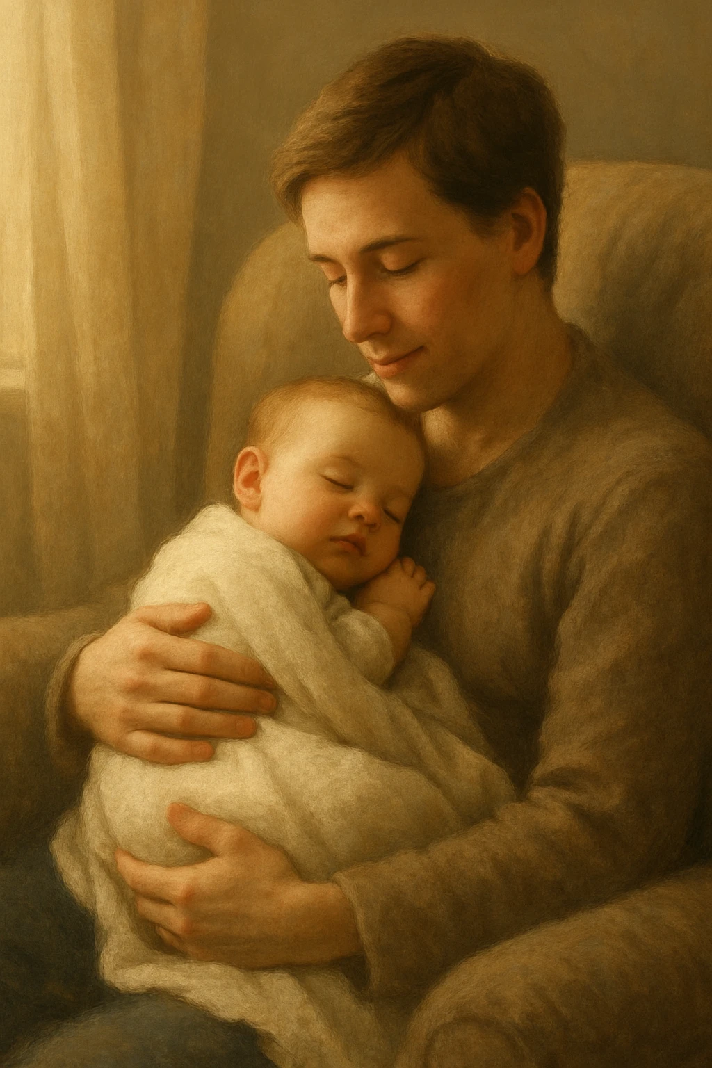A peaceful scene of a baby sleeping in the arms of a parent, with the parent gently holding the baby against their chest. The setting is soft and calm, with warm lighting and a nurturing atmosphere. The parent is sitting on a cozy chair, looking down lovingly at the child. The baby is wrapped in a blanket, both look serene and safe. emoji