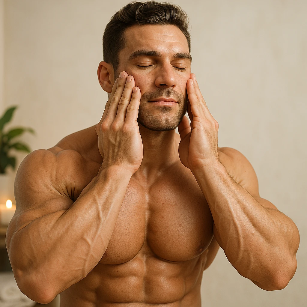 bodybuilder doing face massages to keep skin toned, hyper realistic style, sculpted muscles, relaxed expression, text 'Massaggi per la pelle', spa atmosphere, light background emoji