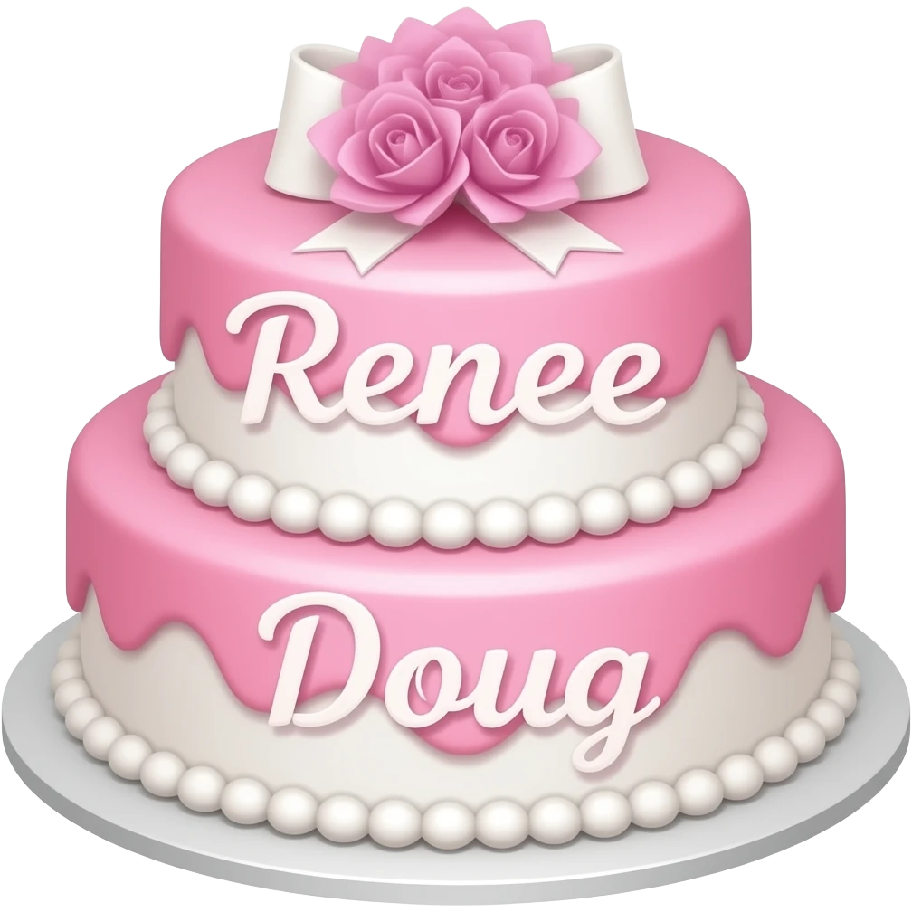 wedding cake pink and white with the name Renee on top cake, Doug on bottom cake emoji
