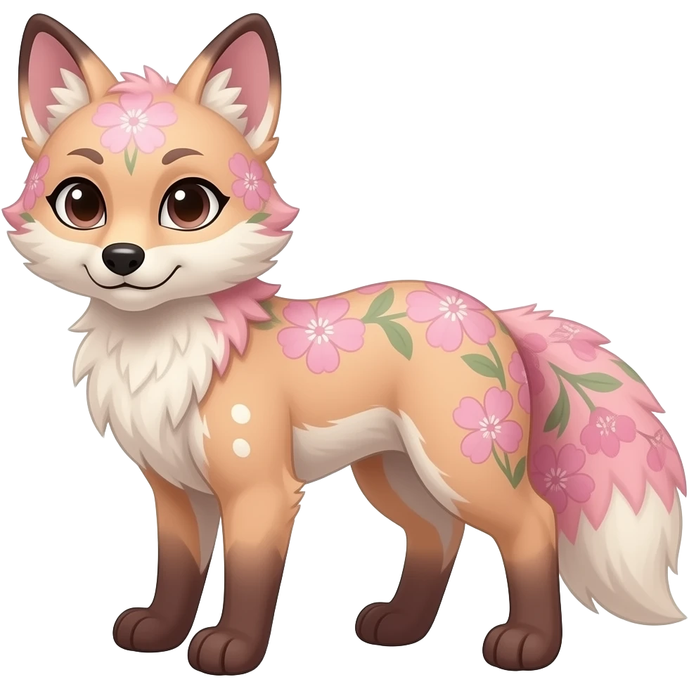 Realistic pretty elegant sophisticated soft beautiful Anthropomorphic bipedal digitigrade Pastel beige and pastel Sakura-pink fox furry-Falvie-Fionbri-fursona with floral swirly markings and white spot markings, 2 legs, modern, sophisticated emoji