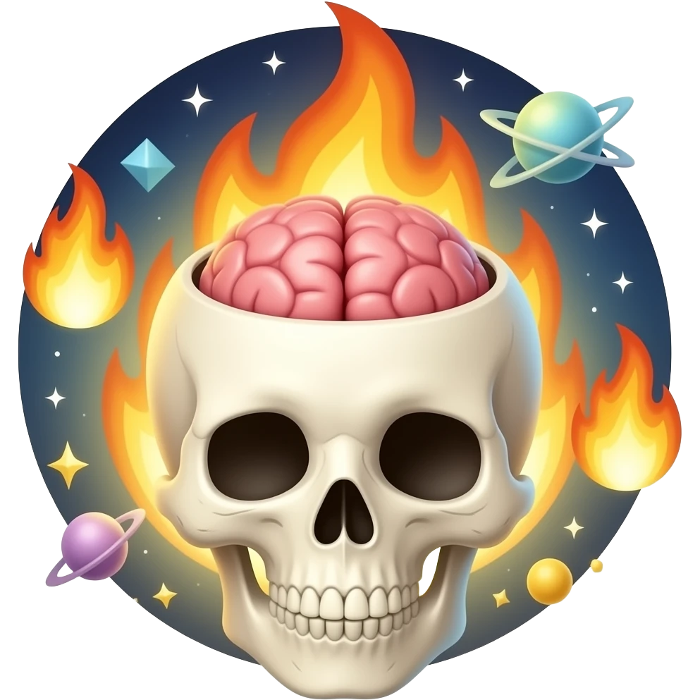 cartoon emoji skull open top brain fire galaxy cute glossy soft rounded emoji