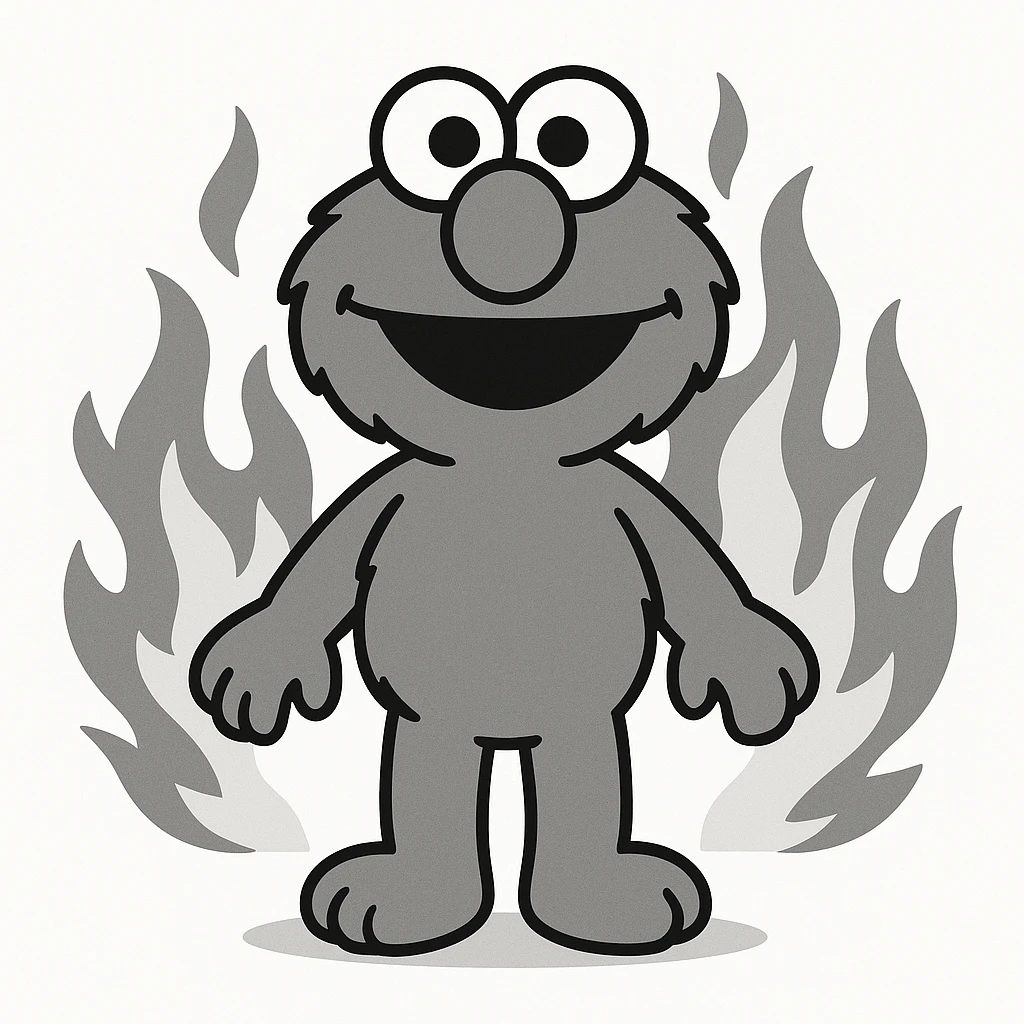 Elmo character with fire in the background, minimal and flat design emoji
