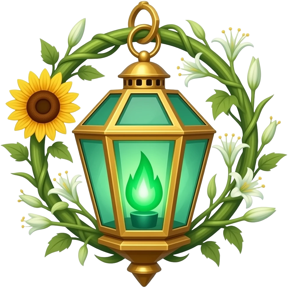 A golden hanging lantern with a bright emerald flames, an empty loop on top, sunflower & asphodel wrapping it, focus more on the green flames, paint the glass more green, have its bottom point come to some sort of point emoji