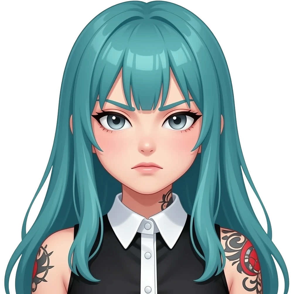 anime girl, scowl,red faced ,face tattoos, long flowing teal hair, grey eyes, black shoulder cyberpunk blouse with fancy white collar emoji