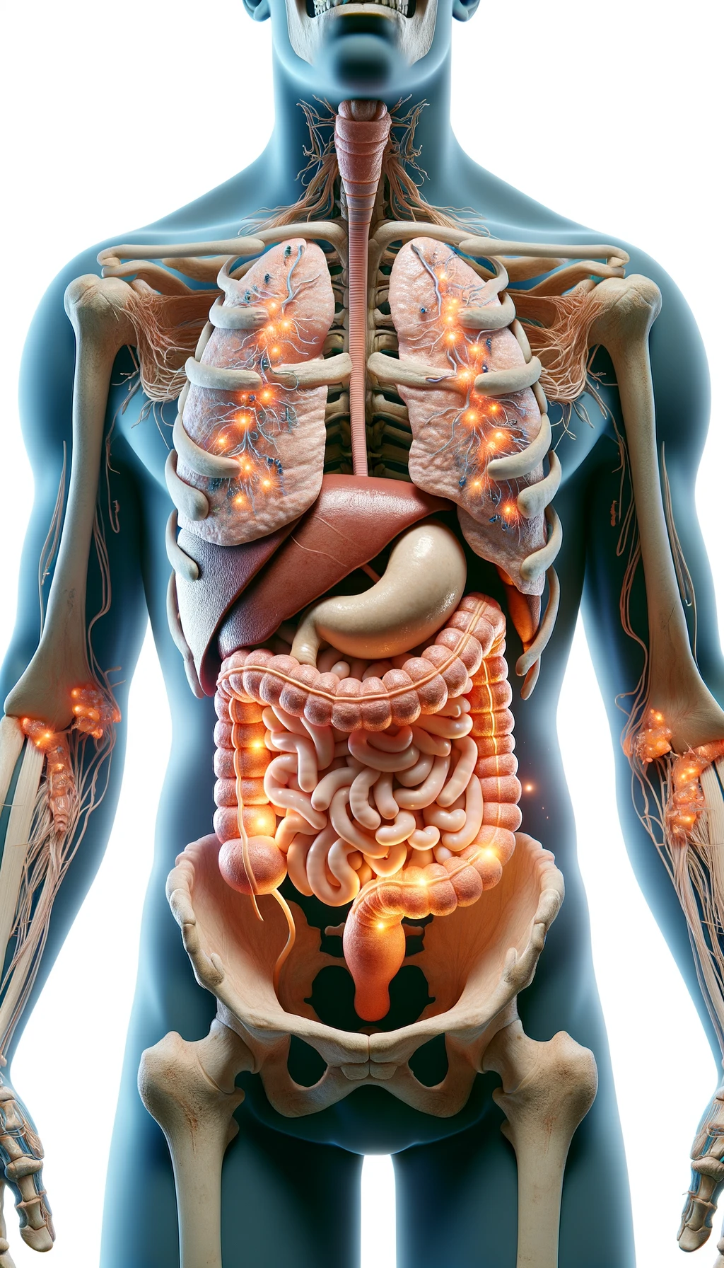 corpo umano anatomico con intestino in evidenza mentre mangia alimenti fermentati ricchi di microrganismi probiotici, iperrealistico 4k, isolato su sfondo bianco emoji