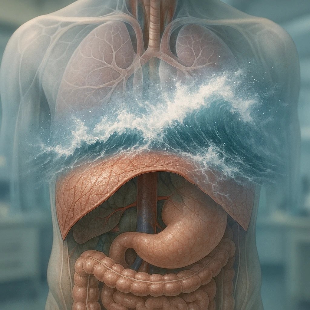 hyper realistic diaphragm seen as barrier: stress waves crashing and dissolving on diaphragm, anatomical details, transparency effect, medical environment, realistic colors emoji