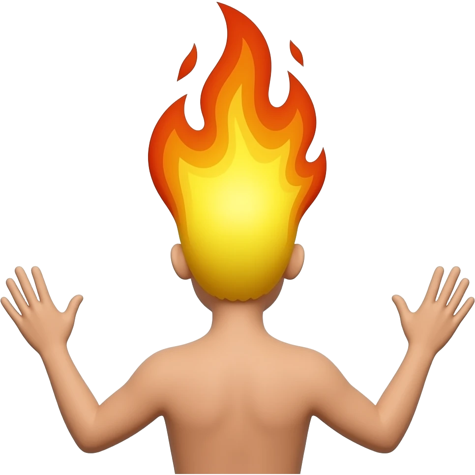 yellow-head emoji, hair on fire (yellow to dark-oange flames) hands spread out to each side, from behind emoji