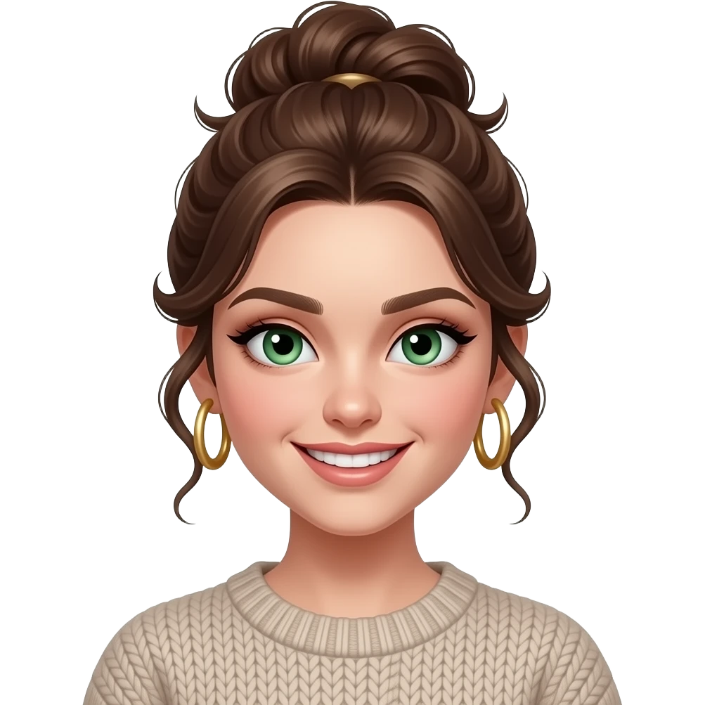fille brune 18 ans, yeux verts, cheveux en chignon haut ondulés, sourire méchant, maquillage, botox, pull, anneaux dorés aux oreilles emoji