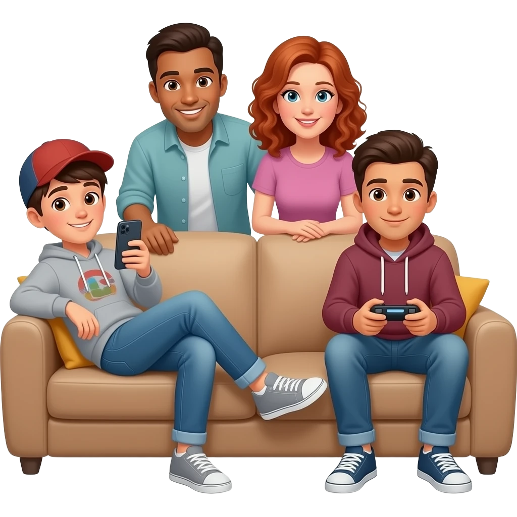 A brown-haired teenager with a cell phone sits sideways on the couch with his feet up, wearing a cap, sweatshirt, and jeans no smiling. Another teenager sits on the couch playing video games, wearing a hoodie. A brown-haired, tan-skinned father and a red-haired, curly-haired mother watch emoji