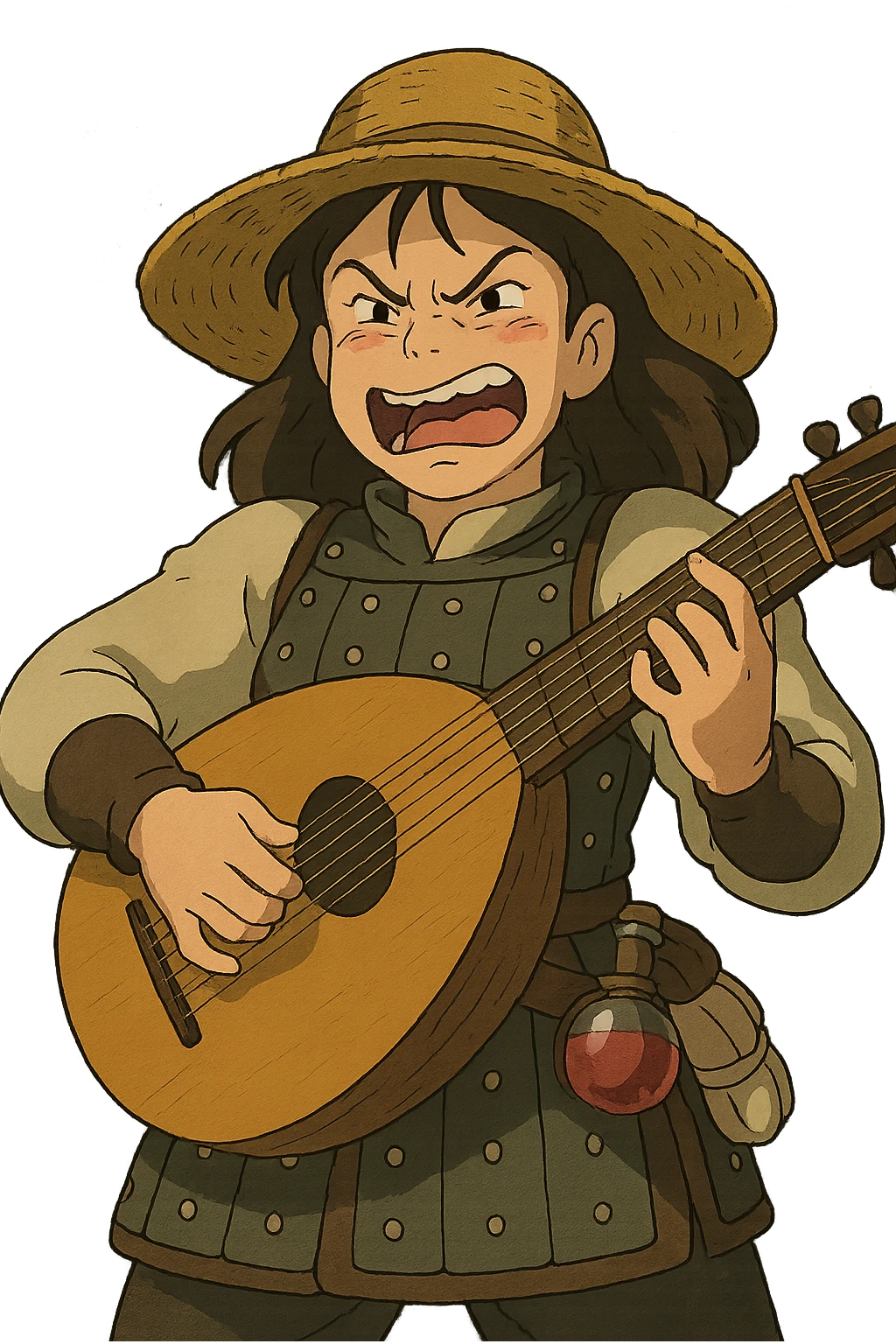 A female bard wearing brigandine armor with a sturdy straw hat, playing a fat medieval lute and singing, night time shadows, tool belt with red potion and bandages, portrait , mischievous grin, anger emoji