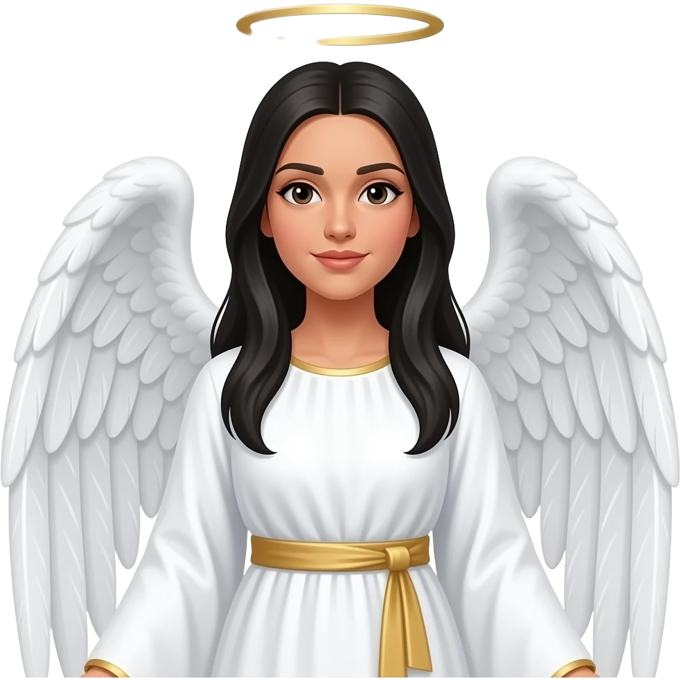 Female Hispanic angel with long straight black hair wearing a long white tunic with a gold sash on it emoji