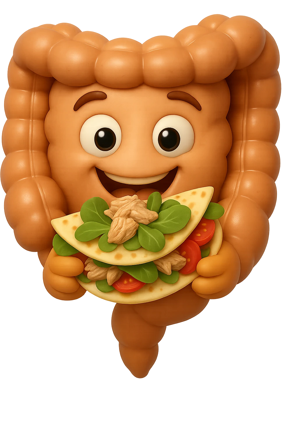EMOJI STILE IPHONE DI un intestino che mangia una piadina con tonno, valeriana e pomodorini, iperrealistica 4k emoji