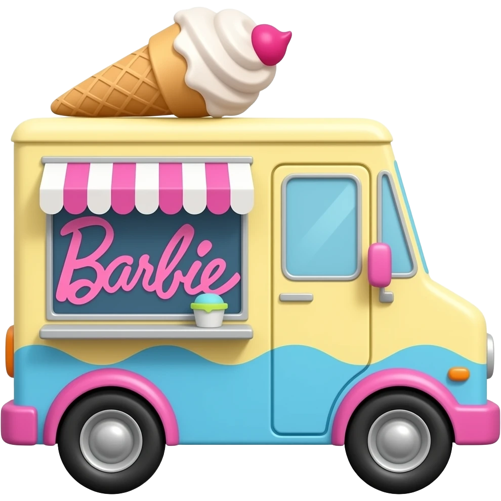 barbie ice cream truck with soft yellow pink blue colour give word barbie dream on truck emoji