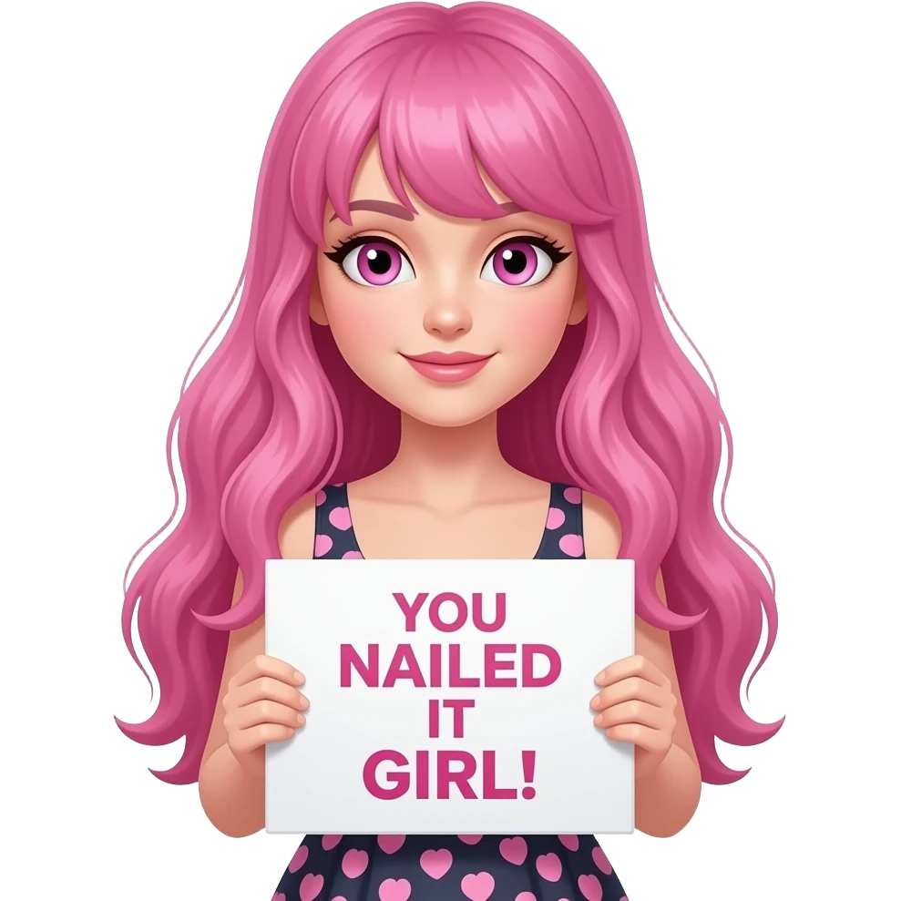 sexy girl with long pink hair and pink eyes wearing a dress holding a YOU NAILED IT GIRL! sign emoji