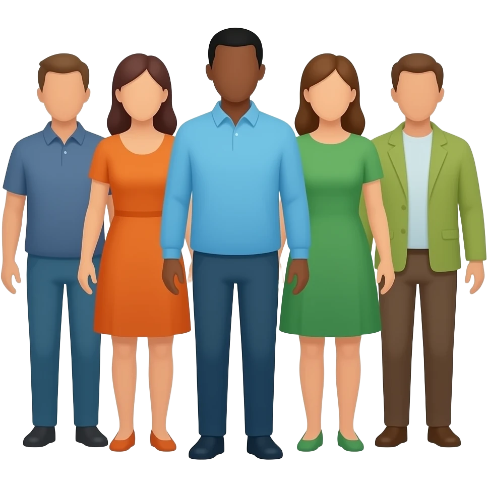 Minimalist flat design icon of a group of full-body diverse people (only one black person) standing together, representing general population, inclusive and modern style, soft gradient (blue, green, and orange), no text, transparent background emoji
