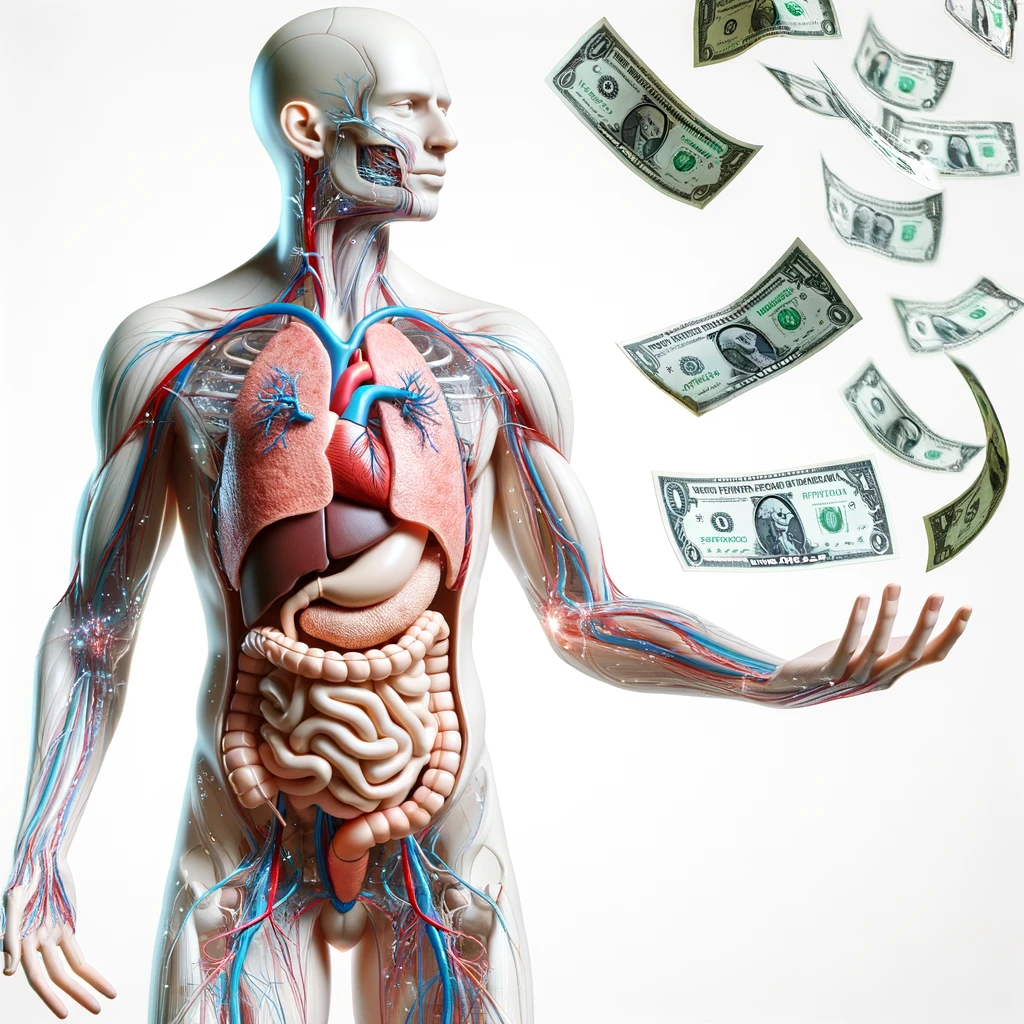 corpo umano anatomico che guadagna soldi senza sforzo, iperrealistica 4k, isolato su sfondo bianco emoji