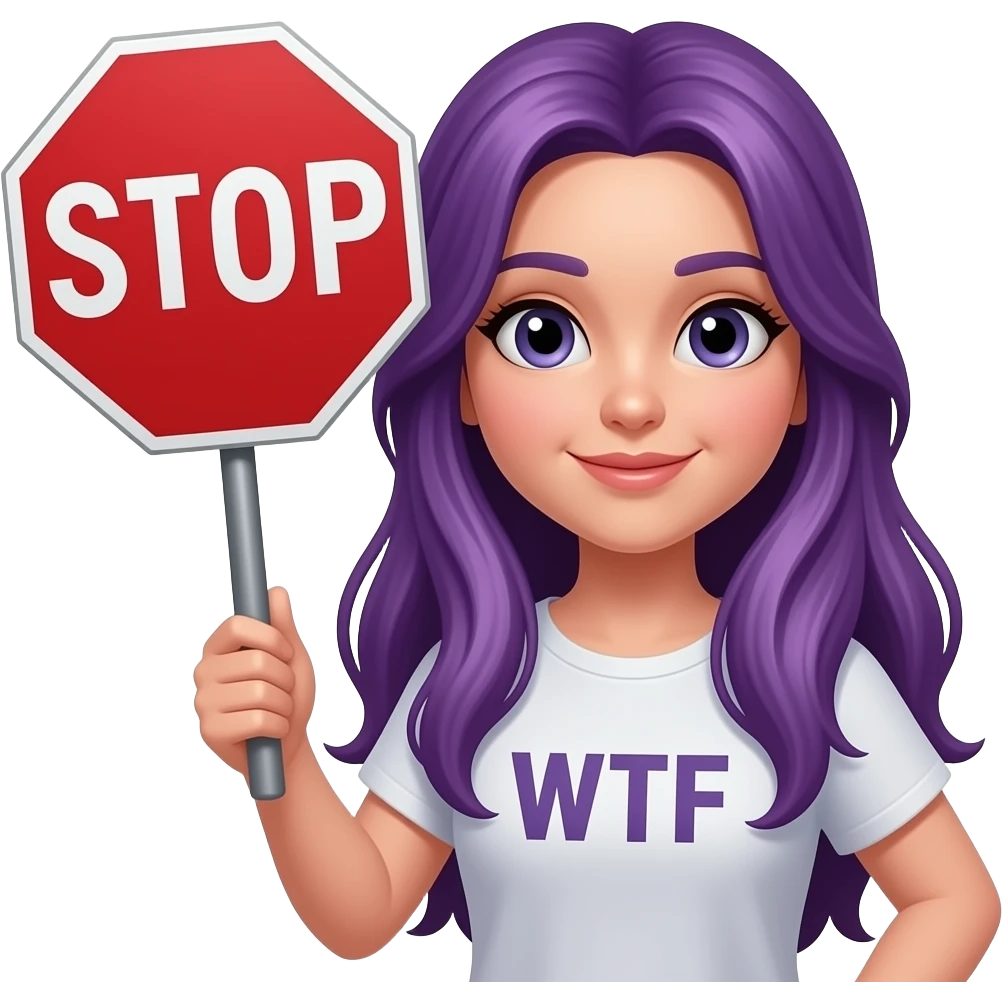 girl with long purple hair holding a STOP looking so GOOD... WTF sign emoji