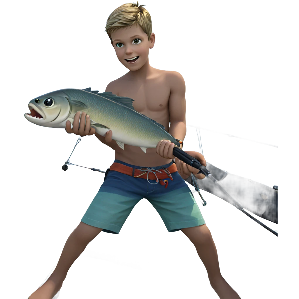 smiling boy fishing by ocean emoji