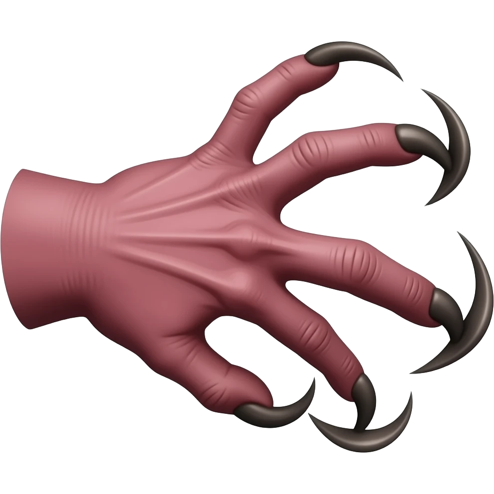 Long dark Demonic hand with sharp claws. Make the hand reach out to attack and slash towards the right of the image violently. Shift the perspective to a side profile to show the curvature and length of the claws more clearly. emoji