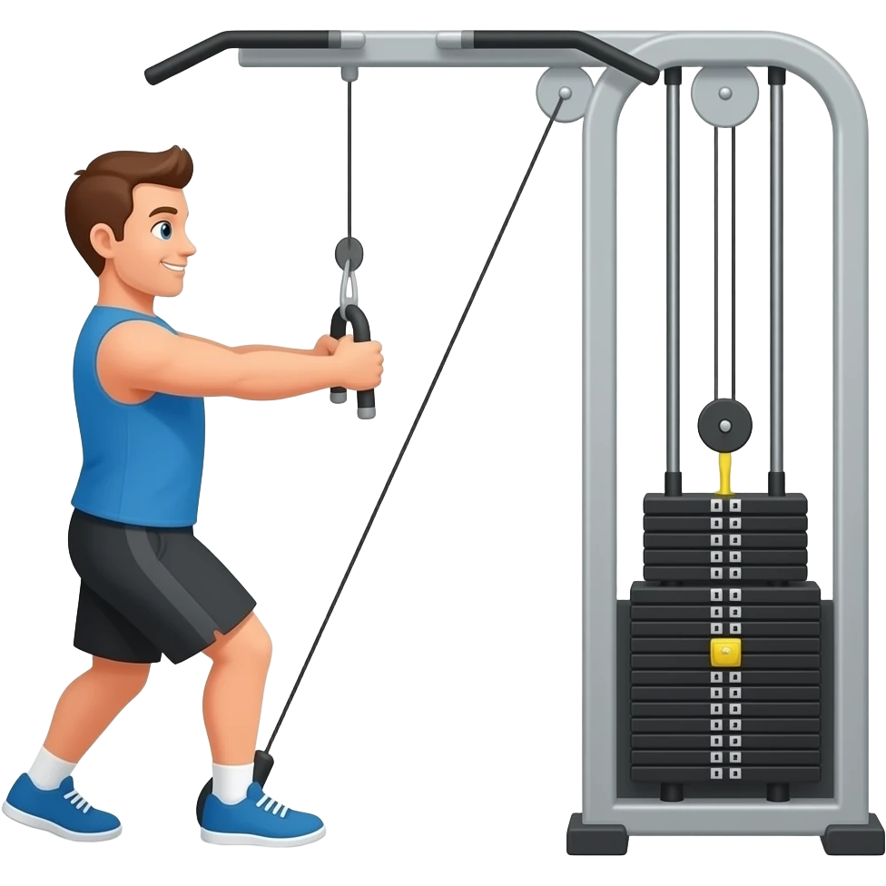 guy workout in gym with cable machine standing cable in one hand bringing from ground across body to side of body emoji
