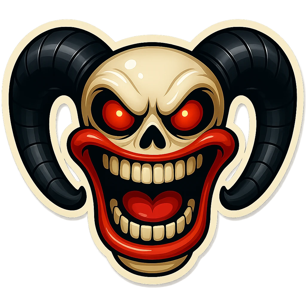Recreate the image to be as close as possible to the reference in every detail: match the skull shape, horn size and curve, eye color and shape, mouth expression, teeth, and all sticker outlines and highlights. Ensure the subject is fully inside the image borders. High quality, retro sticker style. No changes except to maximize similarity to the reference image. emoji